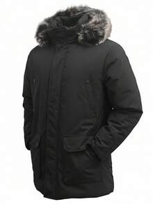 Men's Hooded Fur Collar Loose Padded Coat, Winter - Black - View 1