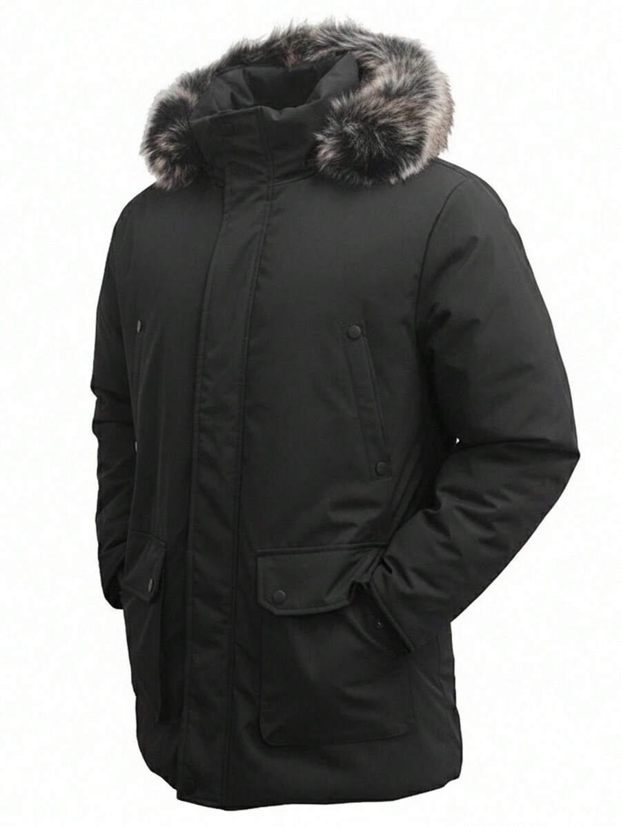 Men's Hooded Fur Collar Loose Padded Coat, Winter - Black - View 1