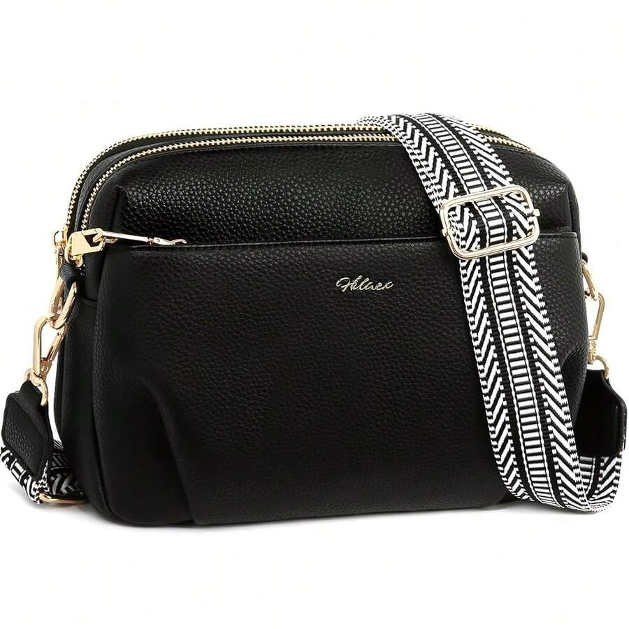 Umhängetasche Damen Mittelgroß, Handtasche Damen mit Anti Diebstahl, PU Leder Crossbody Bag mit Verstellbar Abnehmbar Breiter Gurt-2420 - Schwarz - Übersicht 1