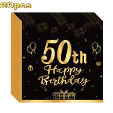 Birthday Greeting Pattern Napkins With Golden Seals, Suitable For People Aged 18/21/30/40/50/60. Disposable Party And Gathering Paper With Patterns, 20 Sheets Per Pack. - Black - View 13