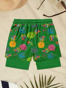 Men's Pineapple Print Drawstring Waist Casual Beach Shorts - Green - View 3