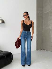 SQUALO Women's Wide Leg Color With Pocket Details Destroyed Retro Washed Street Style Jeans Ripped And Cutout Wide Leg Jeans ,Petite Women - Navy Blue - View 6