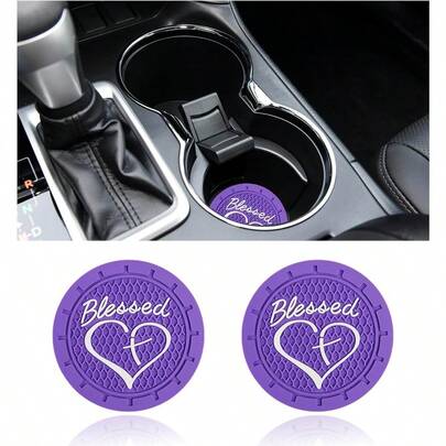 2PCS Car Cup Holder Coaster 2.76 Inch  Cross And Heart Christian Drink Mat Soft PVC Non-Slip Shockproof Insert Cup Coaster For Women Girls Interior Car Accessories Purple