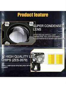2 Pieces Auxiliary Headlights Dual Color Magnifying LED Lights For Car Motorcycle - Black - View 3