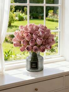 24支仿真丝玫瑰花，逼真玫瑰花束，假玫瑰花茎，适用于情人节、母亲节、家居婚礼派对装饰、桌面摆件、DIY装饰 - 粉色 - 查看 6