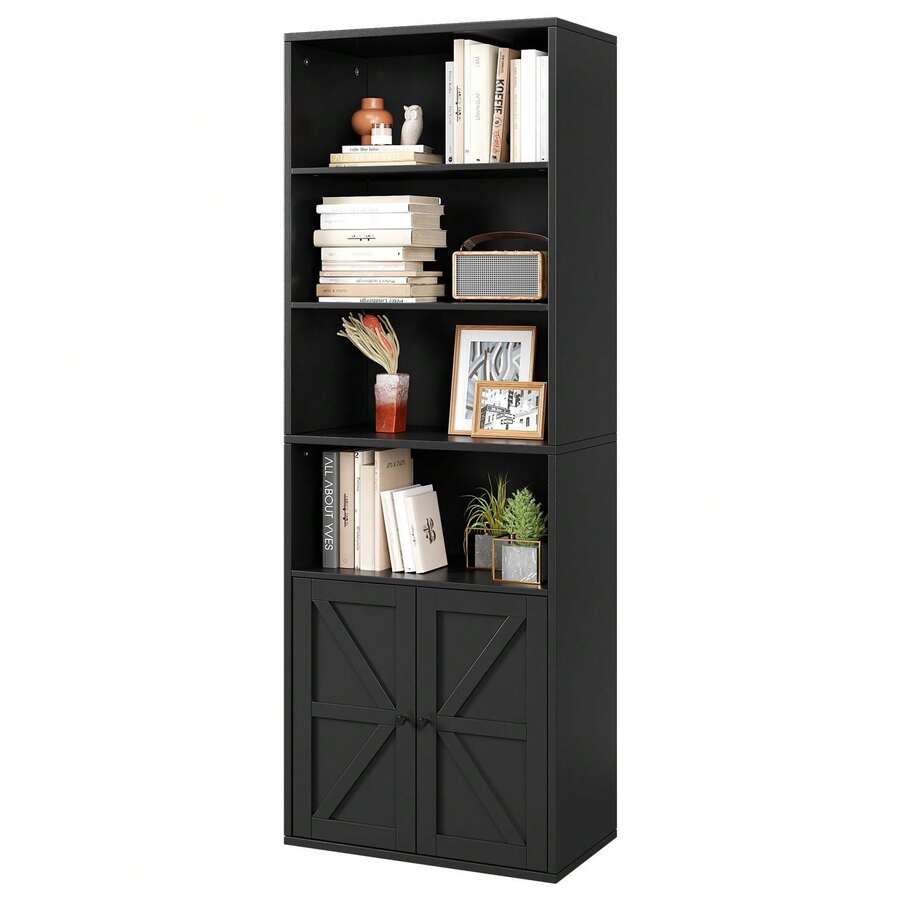Librería industrial grande de 180 cm de alto con puertas, estilo rústico independiente con estantes de almacenamiento, ideal para sala de estar, dormitorio y oficina, color negro. - Negro - Ver 1