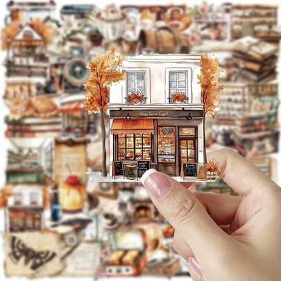 1pc/50pcs Vintage Coffee PET Stickers, Retro Brown Autumn Style PET Stickers, Cartoon Decorative Gifts, Suitable For Journals, Scrapbooks, Laptops, Luggage, Pencil Cases, Guitars, Cups, Phone Cases, DIY Stickers, Frame Decorations