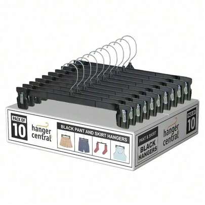 10 Pack Heavy Duty Plastic Pants Hangers With Ridged Clips, Pants Hangers, 12 Inch, Black