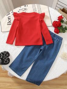 2 Pieces Young Girls Outfit: Cute Cherry Embroidered Long Sleeve Top And Casual Blue Straight Leg Jeans Pants Set, Spring/Autumn/Winter - Red - View 9