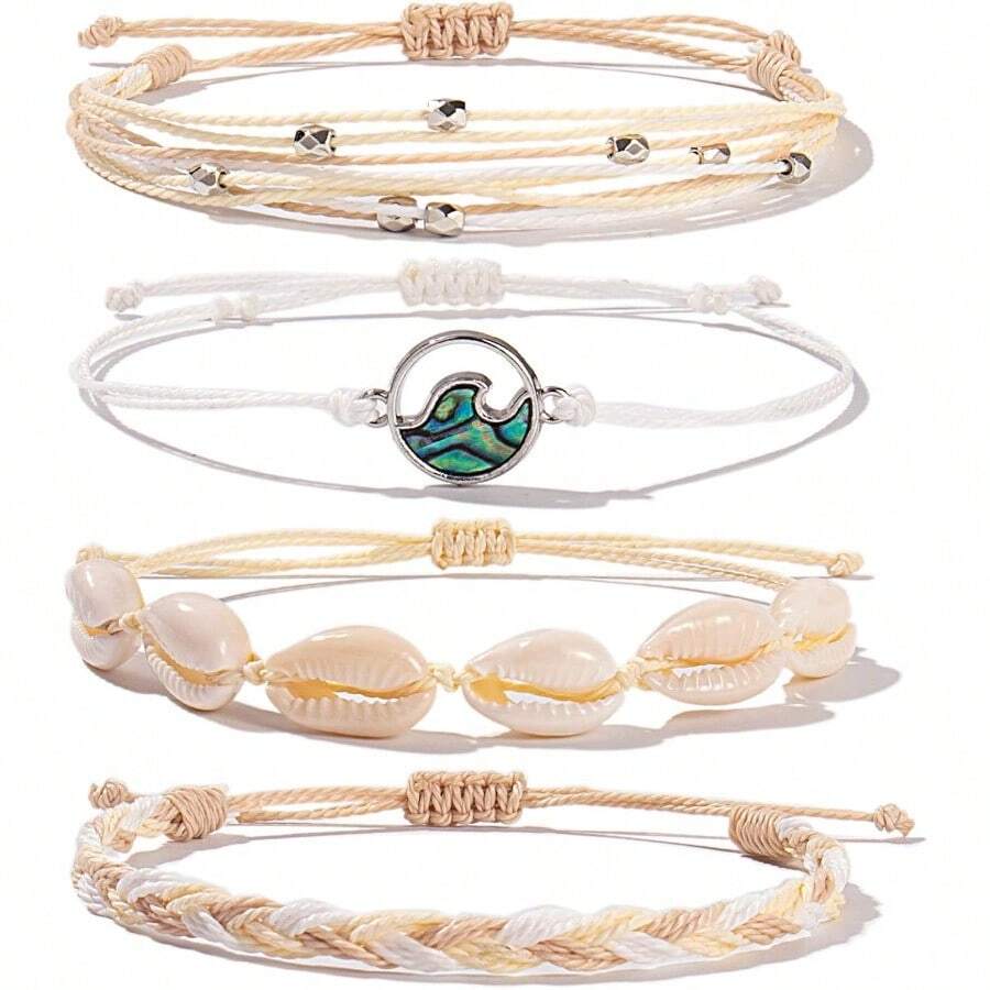 FANCY SHINY Wave String Bracelets Braid Puka Shell Bead Bracelets Handmade Cute Boho Easter Jewelry Gifts For Women - Wheat - View 1