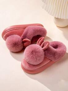 New Autumn/Winter Single Ball Rabbit Warm Slippers, Unisex Couples Solid Color Indoor Non-Slip Backless Slippers, Valentine's Day Gift - Red - View 6