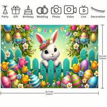 1 pieza Valla de Pascua con fondo de conejo, Lindo telón de fondo de conejo de Pascua con valla, Diseño de conejo y huevos, Pancarta versátil, Ideal para fotografía, fiesta y decoración de celebración de Pascua - Multicolor - Ver 7