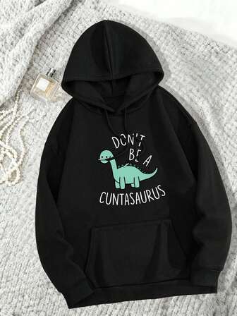Cartoon Dinosaur Pattern Print Sweet And Gentle Temperament Fall Clothes Plus Size, Autumn And Winter Women's Plus Size Casual Dinosaur Pocket Drawstring Hoodie Fall Tops Women, Women's Fall Plus Size Clothes
