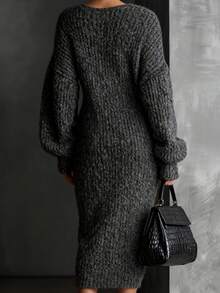 Plus Size Women's Elegant Black Solid Color Cheongsam Dress, V-Neck Slit Casual Knit Sweater Dress For Daily, Party, Date, Spring & Autumn