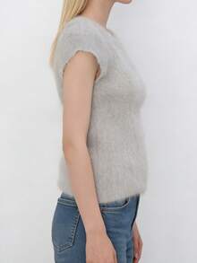 Women Alpaca Wool Sweater Solid Color Cape Sleeve Round Neck Fitted Tops Fall Winter Classic Warm Knit Pullover - Grey - View 6