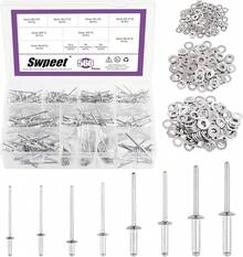 Swpeet - Juego de 560 remaches plateados de 3/32 pulgadas, 1/8 pulgadas, 5/32 pulgadas, 3/16 pulgadas, surtido de remaches con arandelas de respaldo de acero inoxidable, remaches ciegos de aluminio - Plateado - Ver 13