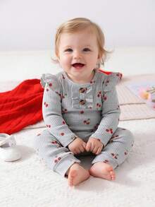 Mono De Manga Larga Con Borde De Hoja De Loto Y Patrón De Cereza Delgado Y Bonito Para Bebé Niña En La Nueva Temporada De Primavera Y Otoño En Versión Casual - Gris - Ver 1