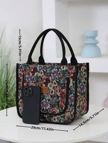 حقيبة تسوق من قماش جاكار مزخرف بالزهور مع خامة سميكة، مثالية للتنقل واستخدام اليد. تتميز بغلق بسحاب، وجيب أمامي، ويمكن استخدامها أيضًا كحقيبة يد أو حقيبة تغيير - الأسود - مشاهدة 3