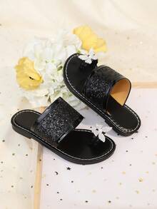 1 Pair Black Toddler Girls' Flat Sandals With Shiny Colorful Sequins, Butterfly Decor, Open Toe, Fashion Cute Roman Style Slippers For 3-12 Years Old, Suitable For Daily, Party, Beach, Spring/Summer - Black - View 6