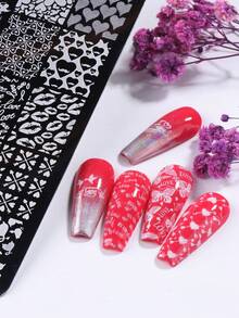 Heart-Shaped Valentine's Day Nail Art Stamping Plate, Lip Print, Flower, Butterfly, Heart Pattern Nail Art Stamp Template, DIY Nail Art, Large Nail Art Template, Nail Art Tools, Women Nail Salon Supplies - Silver - View 7