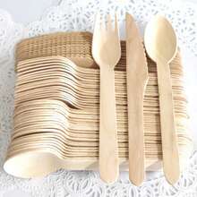 150pcs Disposable Wooden Cutlery Set - Includes 50 Compostable Forks, 50 Wooden Spoons And 50 Knives - Disposable Tableware Set For Outdoor, Party, Camping And Picnics