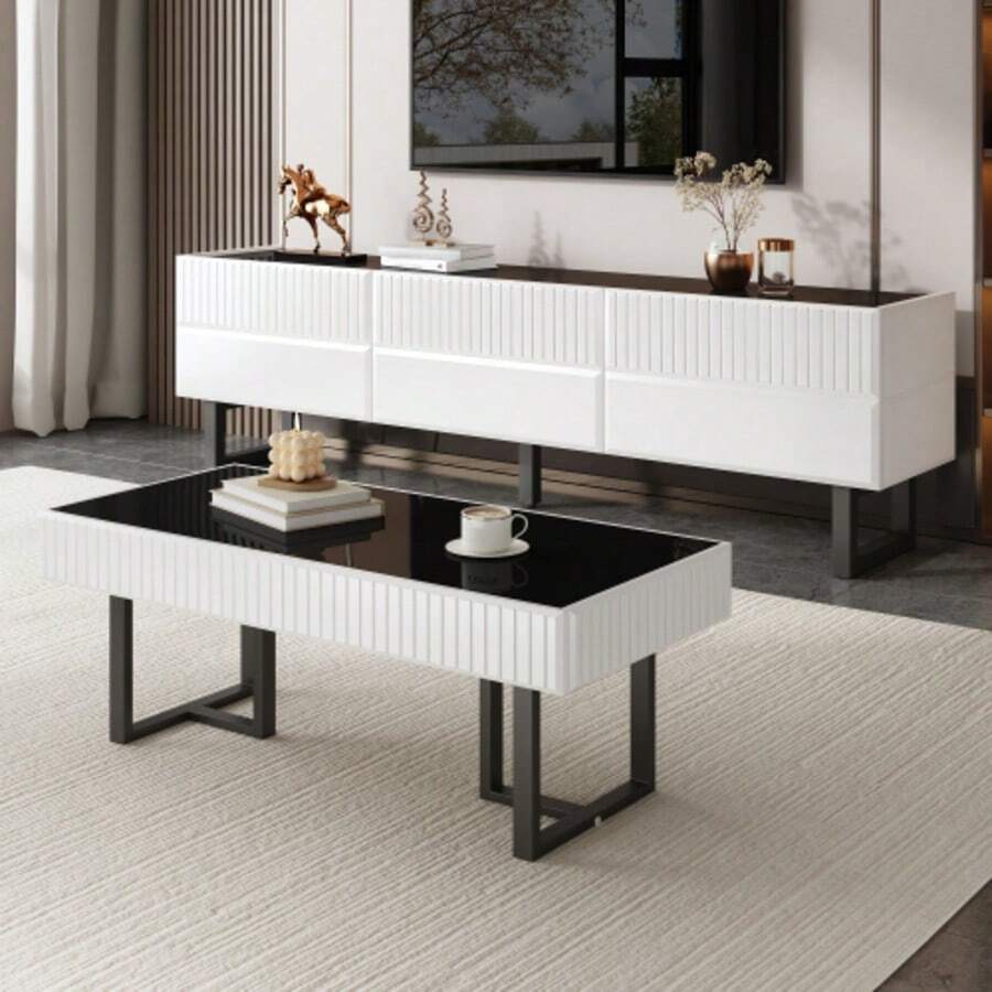 Modern Classic Coffee Table In Black And White, Living Room Table, High-Gloss Black Tabletop. 110 L X 50.5 W X 41 H (Cm) - Black and White - View 1