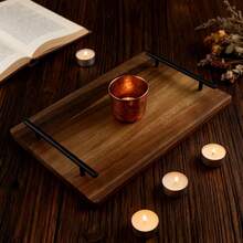 1pc Vintage Wooden Flat Tray With Black Handle, Woodgrain And Brushed Metal Finish, Minimalist Design. Suitable For Breakfast, Coffee, Snacks, Parties, Dining, Entertainment And Decoration, Vintage Centerpiece Decor, Serving Tray, Coffee Table Tray And Storage Tray, Ideal Gift For Holidays, Kitchen Accessory, Kitchen Supplies, Decorative Tray (Solid Wood) - Ginger - View 6