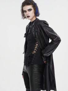 Devil fashion Gothic Style Long Sleeve Jacket With Textured Belt, Metal Buckle, Red Stitching Trim And Stand Collar - Black - View 2