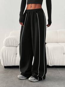 Pantalones de chándal sueltos y casuales de unicolor con cintura elástica, para invierno - Blanco y Negro - Ver 2