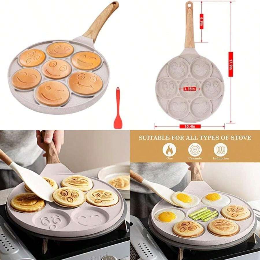Sarten Para Tortitas , Plancha Antiadherente Para Panqueques 7 Hoyos Sartén Para Tortillas Lindo e Interesante Panqueques de Desayuno Para Niños Molde, 26 cm(Blanco inducción) - Multicolor - Ver 1