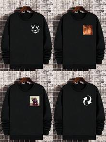 Customized Men's Casual Sweatshirt With Front Chest Graphic Design/Couple/Pet/Logo Photo, Fashionable Versatile Autumn/Winter, Long Sleeve Top - Black - View 3