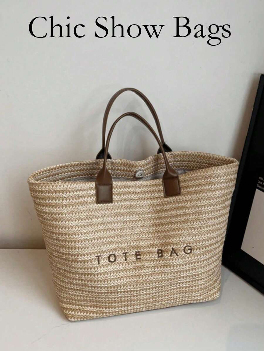Large Capacity Casual Vacation Straw Tote Bag, Minimalist Elegant Women's Shoulder Handbag - Coffee - View 1
