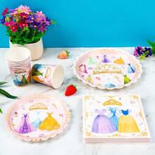 1 Set Princess Theme Party Supplies, Including 8 Disposable Plates, Napkins, Cups, Tablecloth And Hanging Flags, Suitable For Birthday, Wedding, Family Picnic - Multicolor - View 5