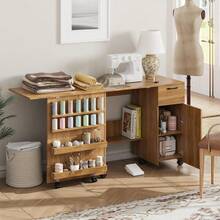 LIZHOUMIL Space-Saving Folding Sewing Machine Table For Entryway – Multi-Functional Cabinet With Storage Shelves, Sliding Drawer, Lockable Wheels – Compact Organizer Desk For Home, Bedroom, Small Spaces - Brown - View 1