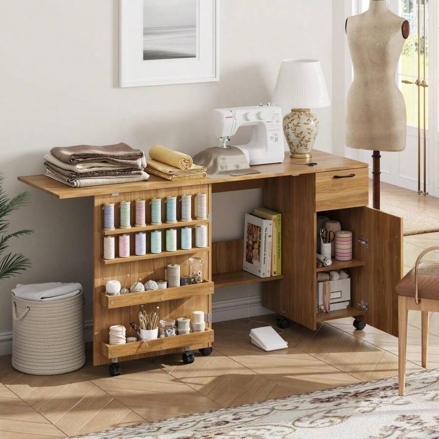 LIZHOUMIL Space-Saving Folding Sewing Machine Table For Entryway – Multi-Functional Cabinet With Storage Shelves, Sliding Drawer, Lockable Wheels – Compact Organizer Desk For Home, Bedroom, Small Spaces - Brown - View 1