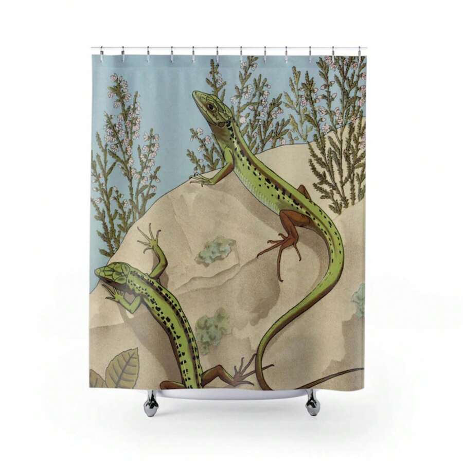 Vintage Lizard Shower Curtain, Wild Animal Decor, Nature Reptile Shower Curtain, Outdoorsy Shower Curtain, Tropical Bathroom Decor