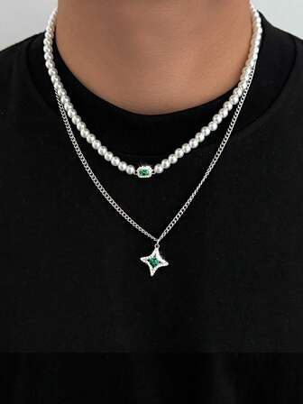 2 piezas Collar de Cadena con Perlas Falsas Personalizado para Hombre, Accesorio de Vestimenta Diaria y de Fiesta, Collar de Pareja, Regalo para Fiestas