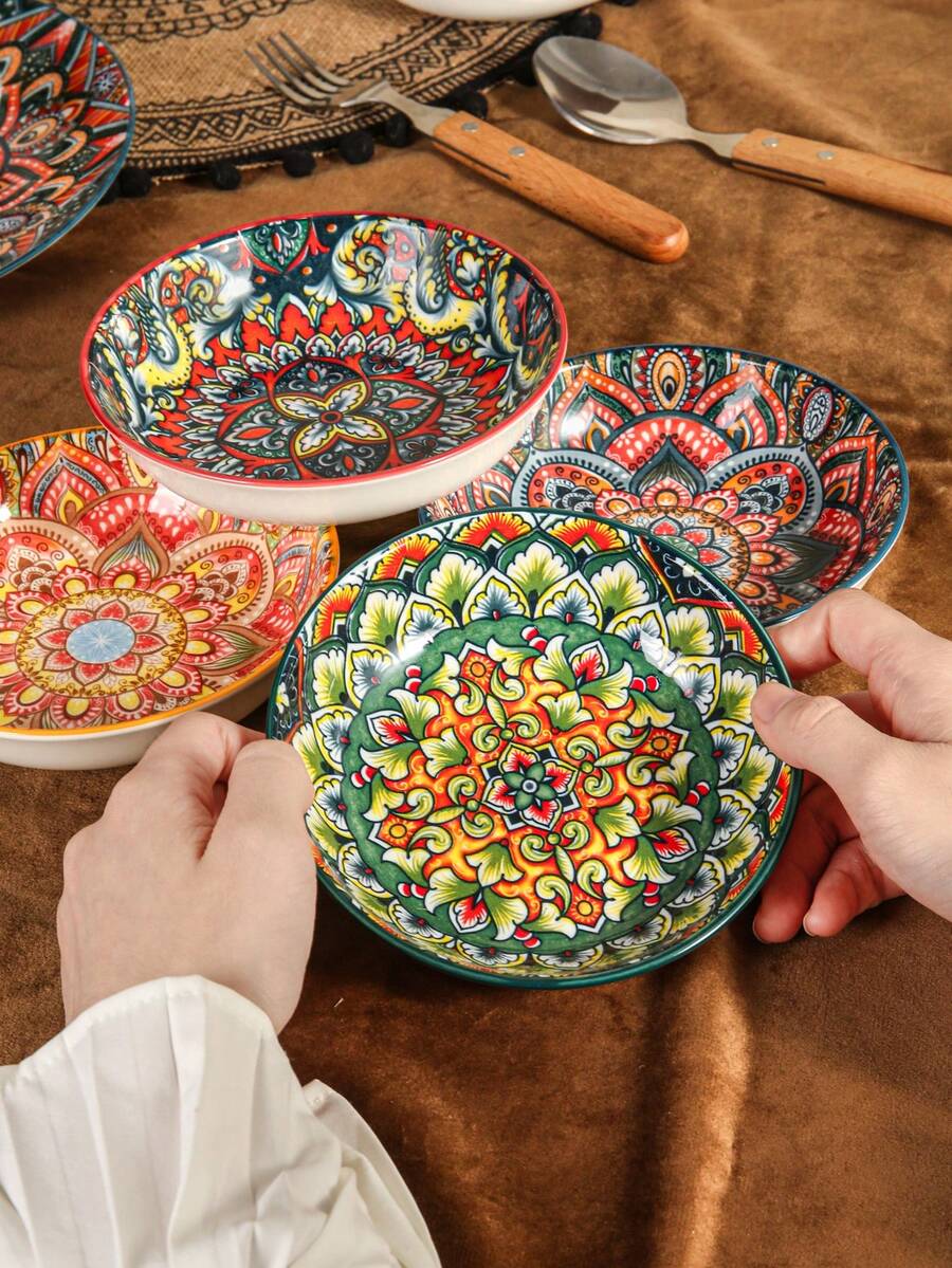 1/2/4件套波西米亚风格陶瓷圆盘，波西米亚设计，橙色/红色/蓝色/绿色可选，适合餐厅和家庭使用