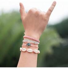 FANCY SHINY Wave String Bracelets Braid Puka Shell Bead Bracelets Handmade Cute  Boho Easter Jewelry Gifts For Women - 粉色 - 查看 3