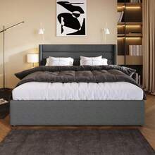 Storage Bed, Upholstered Bed, Hydraulic Double Bed 140x200cm, Wooden Slatted Base, Bed With Metal Slatted Base, Linen, Grey - Grey - View 2