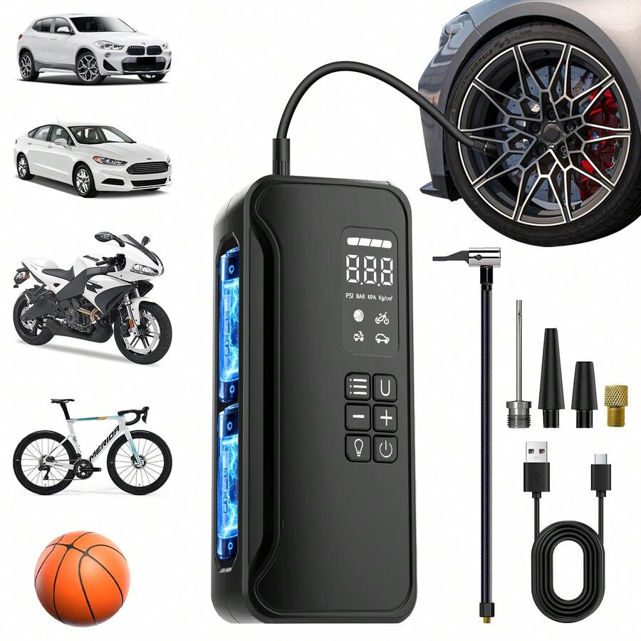 Excellent Portable Air Compressor Tire Inflator, 150PSI Cordless Electric Air Pump, Digital Pressure Gauge, Automatic Shut-Off Function, And LED Light, An Ideal Tool For Inflating Cars, Bicycles, And Motorcycles. It Is An Excellent Gift For Fathers, Boyfriends, And Men (Black) - 黑色 - 查看 1