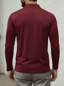 Men's Long Sleeve Polo Shirt, Casual Business Solid Color Slim Fit Collar Top, Autumn/Winter Basic Tee - Burgundy - View 4