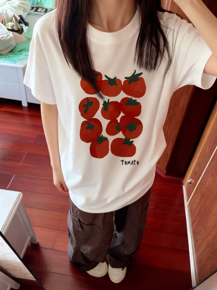 日系女式宽松休闲圆领卡通番茄水果印花短袖T恤，春夏款 - 白色 - 查看 1