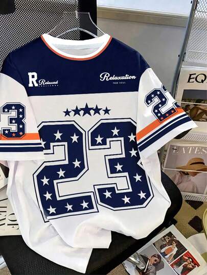 Plus Size Men & Teenage Boys' Number 23 Short Sleeve T-Shirt, Casual Sports Round Neck Tee, Machine Washable, Suitable For Sports Fans And Urban Fashion Themed Outfits