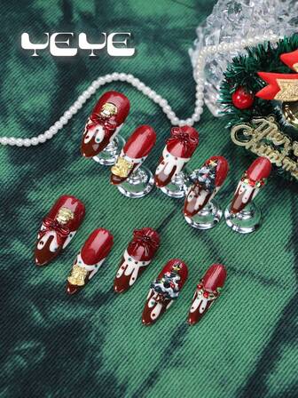 10pcs Long Alomnd Fake Nails Press On Christmas,Merry Christmas,Classic French Tips,Chocolate Spread,Red Cat Eye With White Color,3d Three-Dimensional Decoration Red Bowknot,Christmas Tree,Jingle Bell,Green Red Stone,Full Coverage Fake Nails Handmade Christmas,Suitable For Party, New Year,Christamas Day, And Daily Wear, Includes Tool Kit, Great Gift For Women & Girls Nail Supplies Nails