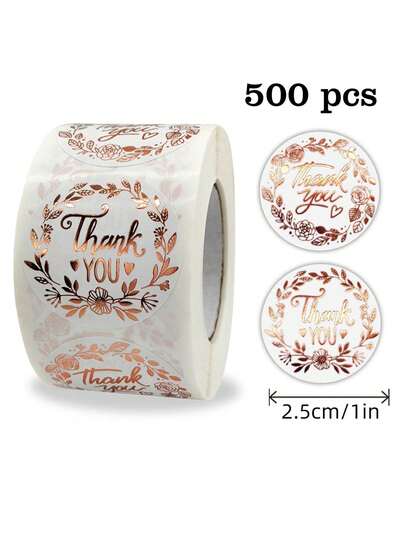 500 piezas/Rollo Pegatinas de agradecimiento con estampado de oro rosa, redondas de 1 pulgada con 2 patrones repetidos, adecuadas para sellos de pequeños negocios, regalos de fiesta, sobres, sellos comerciales, etiquetas, decoración DIY, pegatina de PVC