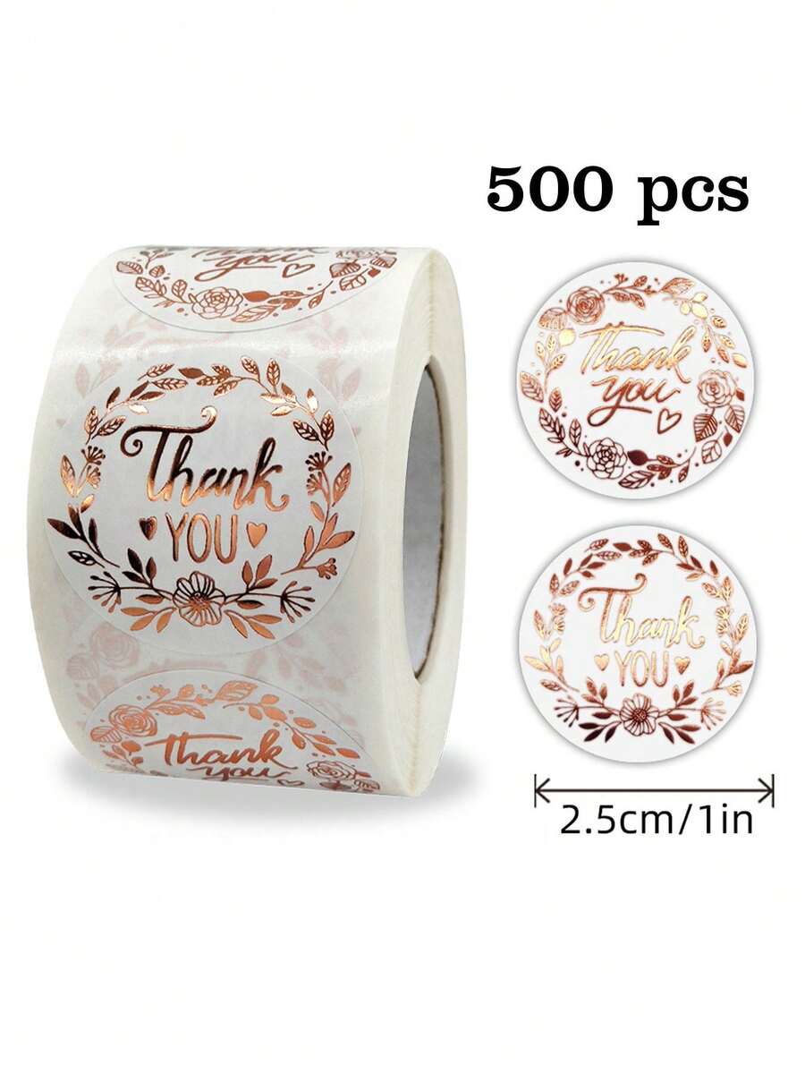 500pcs/Roll Rose Gold Foil "Thank You" Doodle Stickers, 1 Inch Round 2 Patterns Repeating, Suitable For Small Business Seals, Party Gifts, Envelopes, Commercial Stamps, Labels, DIY Decoration, PVC Sticker - Multicolor - View 1