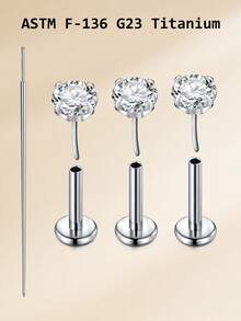 CIZME 20g Threadless Titanium Alloy Lip Ring, Flat Base Cartilage Earring, 6mm/7mm/8mm Tragus/Helix Earrings, Unisex, G23 Push-In Lip Piercing Jewelry With 2mm/3mm/4mm Zirconia Inlaid Top - Silver - View 10