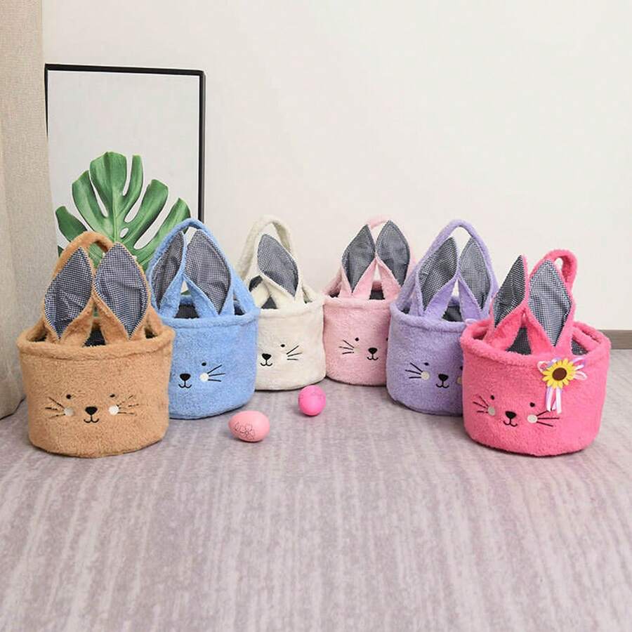 1 pieza Cesta de almacenamiento de peluche con bordado de conejo y oso de peluche, cesta de conejito de Pascua, cesta de almacenamiento de tela, cesta de almacenamiento para decoración del hogar, bolsa para huevos de Pascua, cubeta linda de conejo de Pascua para huevos, cesta de almacenamiento de peluche de conejo de dibujos animados | Diseño bordado, puede almacenar bocadillos, juguetes y cosméticos, adecuado para dormitorio, escritorio y almacenamiento de automóviles, tema de Pascua, decoración de fiesta - Multicolor - Ver 1