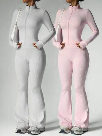 FWH 2개/세트 스트리트 스타일 바디콘 의상, 엄지 손가락 구멍이 있는 지퍼 앞면 재킷과 하이 웨이스트 플레어 팬츠 포함, 4방향 스트레치, 슬리밍 및 리프팅, 피트니스 및 캐주얼 웨어에 적합, 여성용